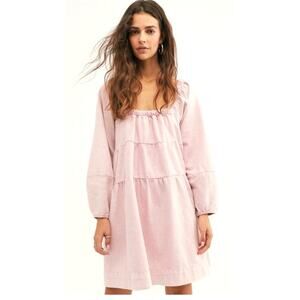 Free People lou jean Pink denim jeans dress‎ tiered cowgirl western Small